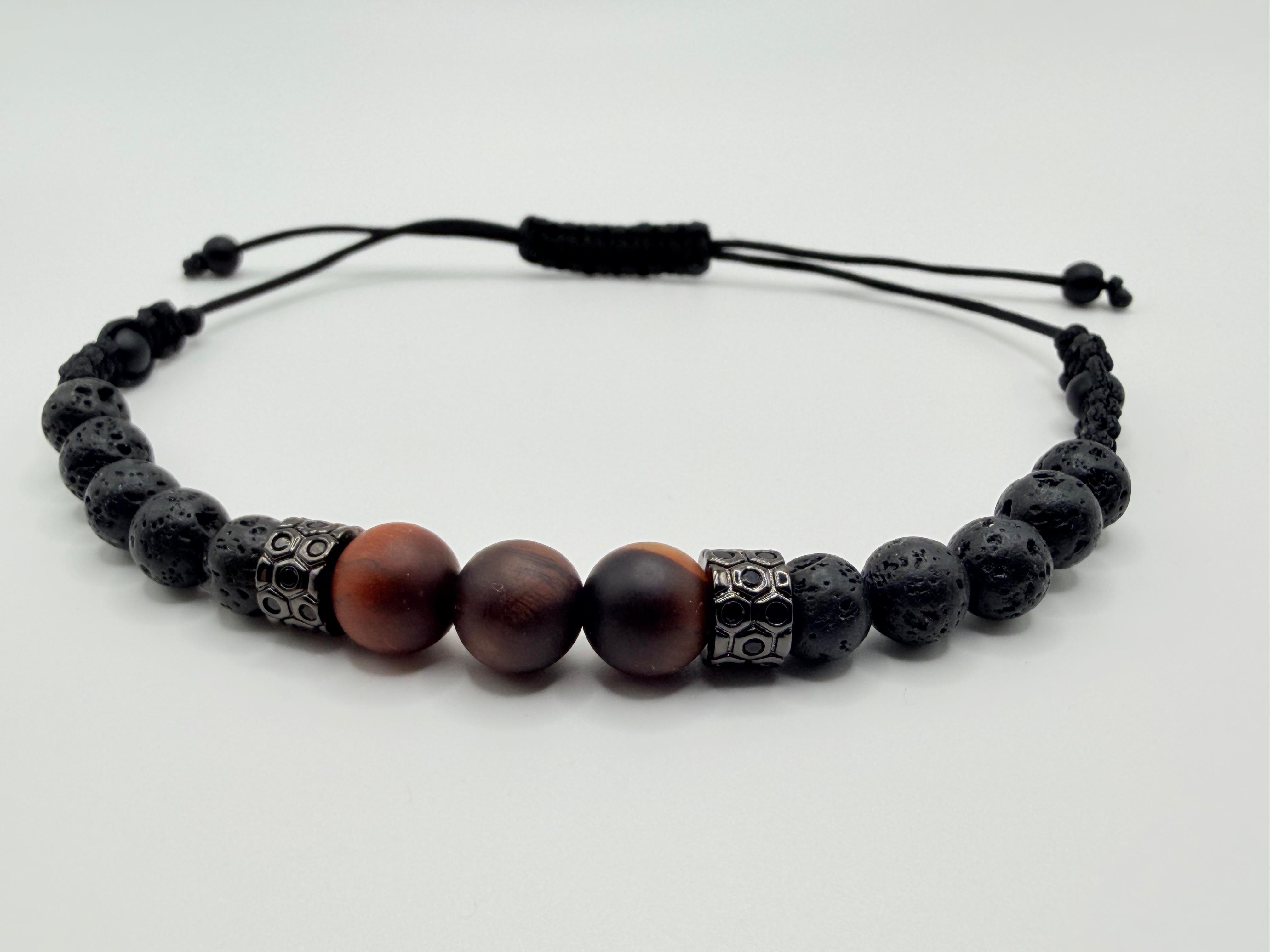 Bransoletka z lawy i tygrysiego oka wzór II ręcznie robiona — kamienie naturalne na prezent AgereArt