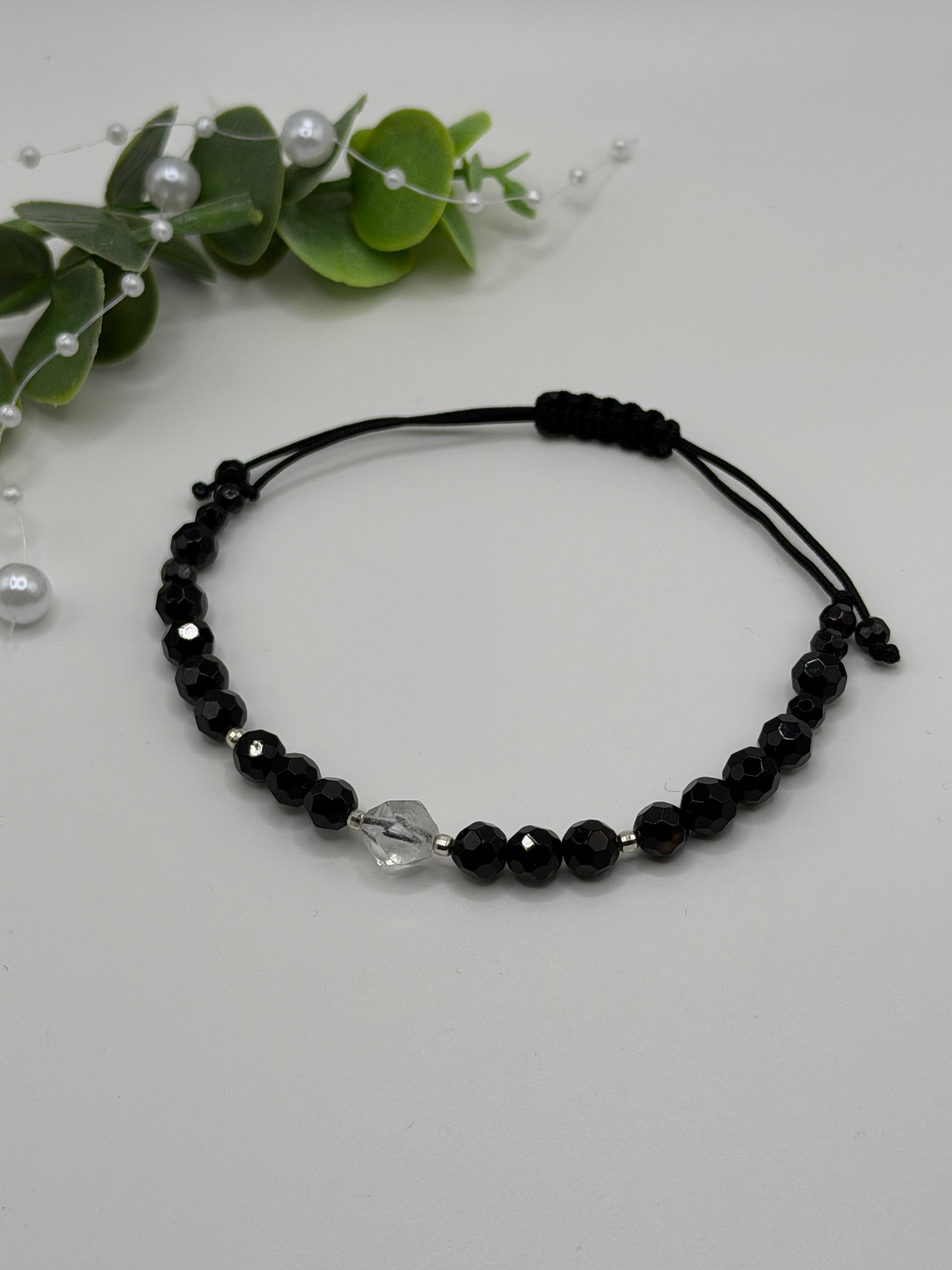 Bransoletka z onyksu i kryształu górskiego wzór II ręcznie robiona — kamienie naturalne AgereArt