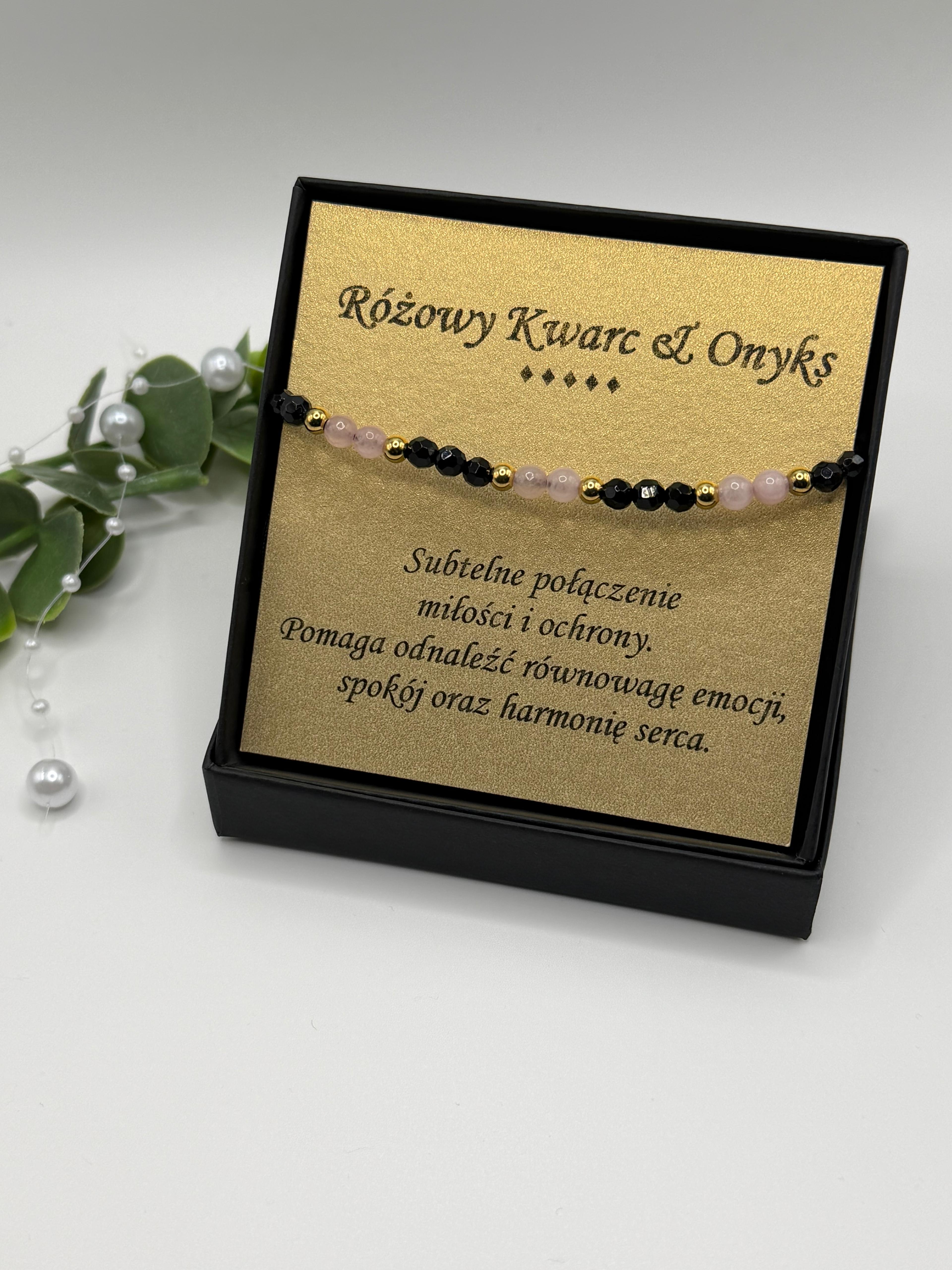 Bransoletka z różowego kwarcu i onyksu ręcznie robiona — miłość i ochrona, kamienie naturalne AgereArt