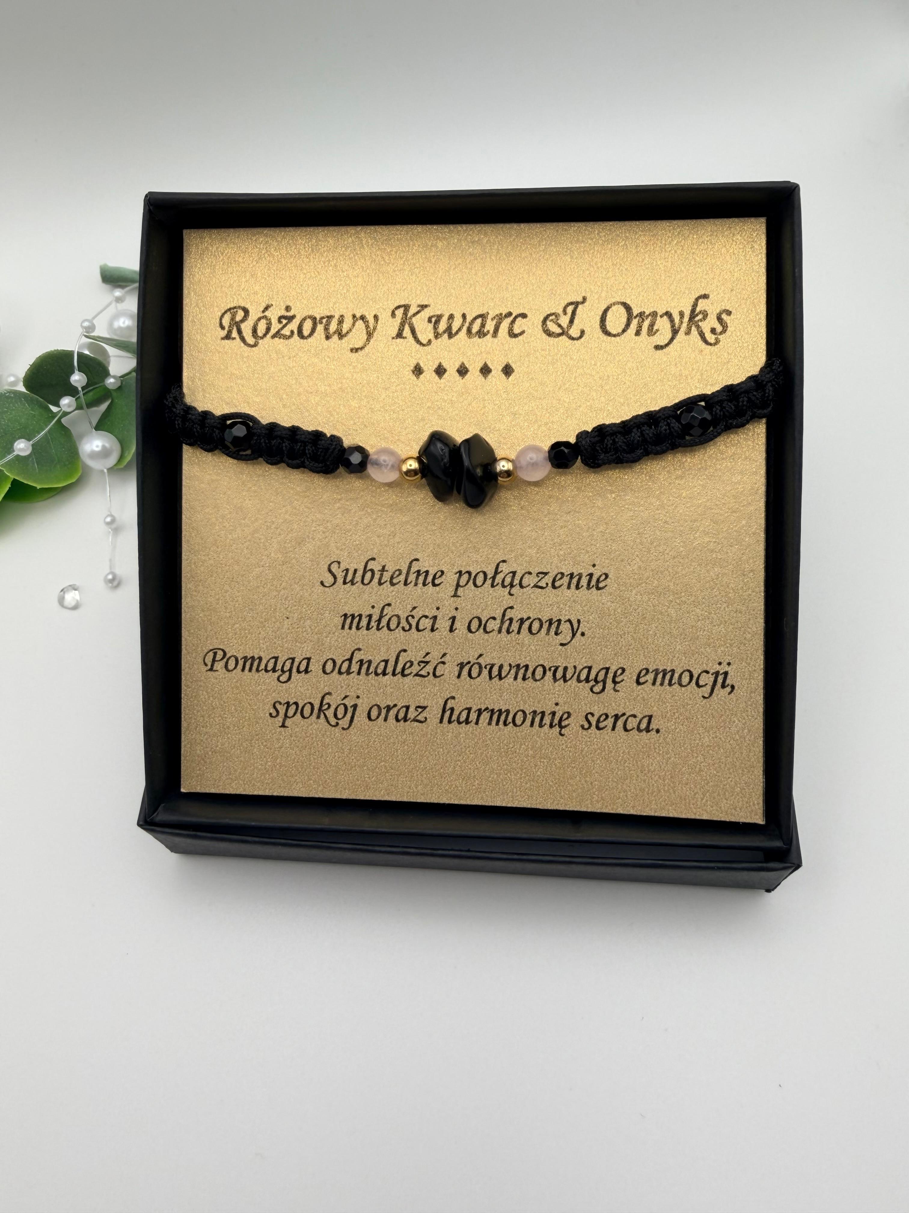Bransoletka z onyksu i różowego kwarcu wzór II ręcznie robiona — miłość i ochrona, kamienie naturalne AgereArt