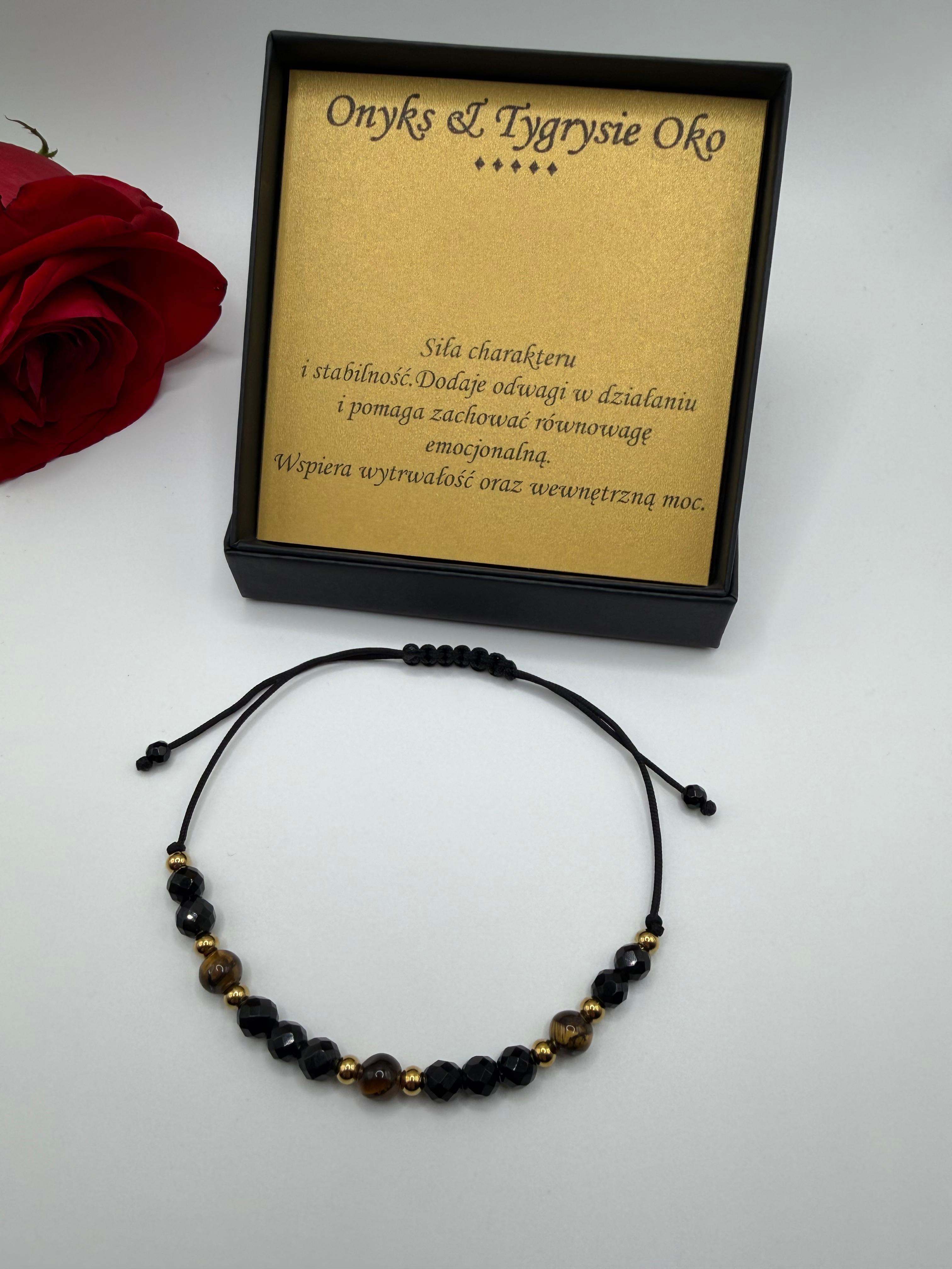 Bransoletka z onyksu i tygrysiego oka wzór IX ręcznie robiona — kamienie naturalne AgereArt